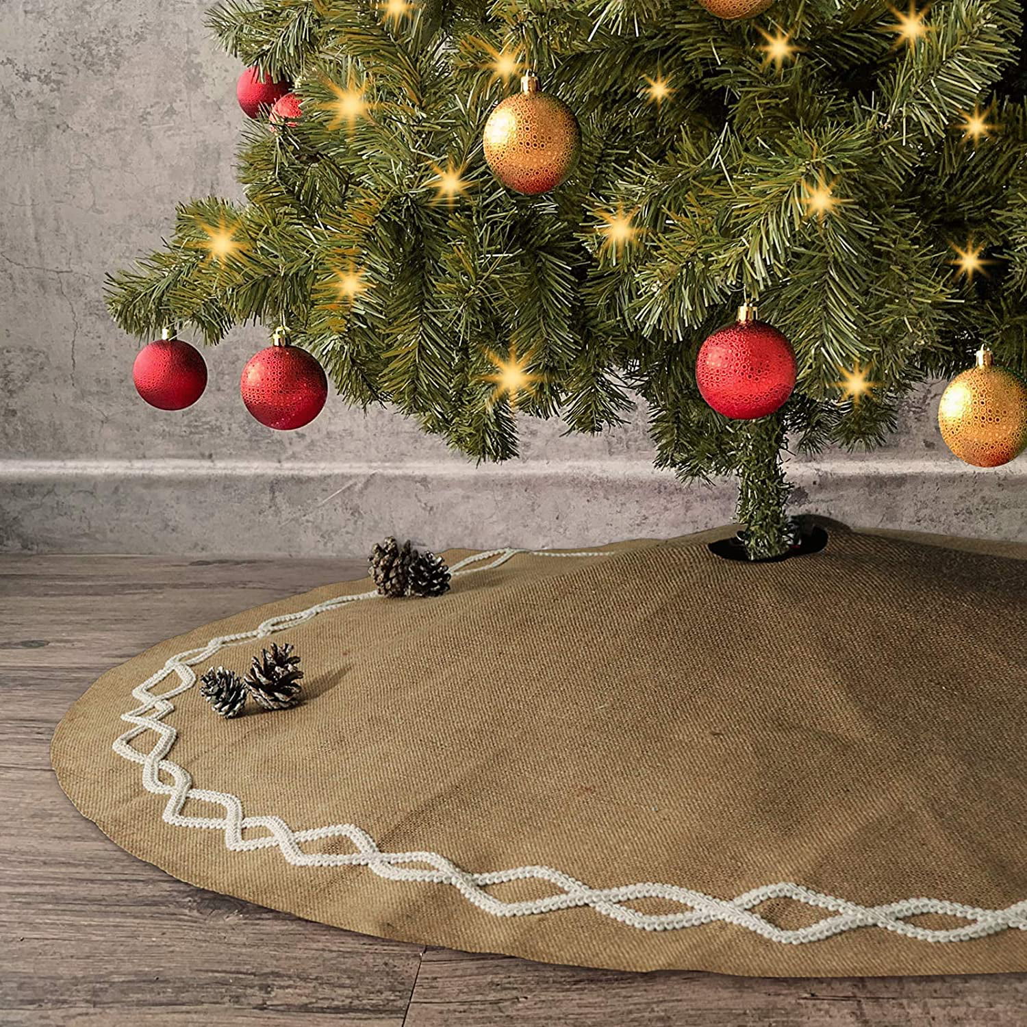 Sofevaim Summer Burlap Christmas Tree Skirt,48 Rustic Jute Double Layers Xmas Tree for Holiday Party Home Farmhouse Countryside Outdoor Decorations.