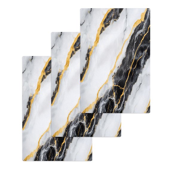 Marble Black Kitchen Dish Towels for Drying Dishes Set of 3, Gold Foil Ceramic Style Cracks Scratches Waffle Weave Microfiber Hand Tea Bathroom Towels Quick Dry & Absorbent Towel 15.7x23.6