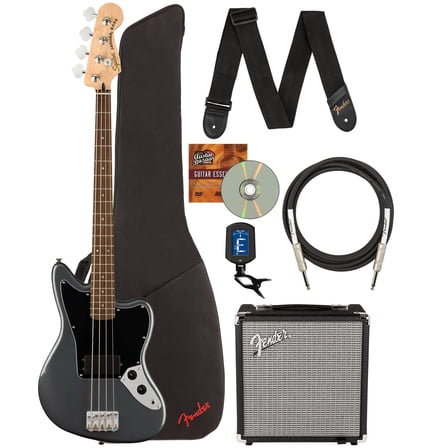 Fender Squier Affinity Jaguar Bass H - Charcoal Frost Metallic Bundle with Rumble 15 Amplifier, Instrument Cable, Gig Bag, Tuner, Strap, and Austin Bazaar Instructional DVD