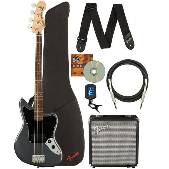 Fender Squier Affinity Jaguar Bass H - Charcoal Frost Metallic Bundle with Rumble 15 Amplifier, Instrument Cable, Gig Bag, Tuner, Strap, and Austin Bazaar Instructional DVD