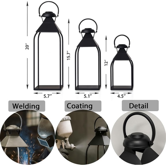 Decorative Metal Lanterns Indoor Outdoor, Candle Holder for Porch, , Fireplace, Floor, Wedding, Christmas, Fall, Holiday, Farmhouse Table Centerpiece (Black, Set of 3 20" 15.7" 12")