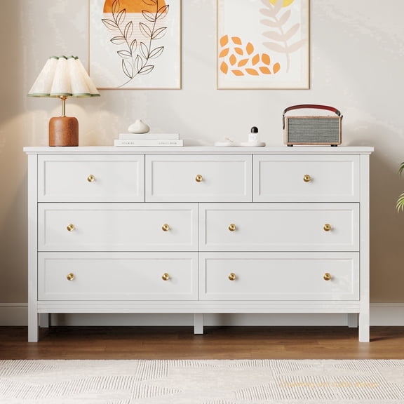 YouTrend 7 White Drawer Dresser, Retro Wood Adult Dresser with Metal Handles for Bedroom,Living Room, Hallway