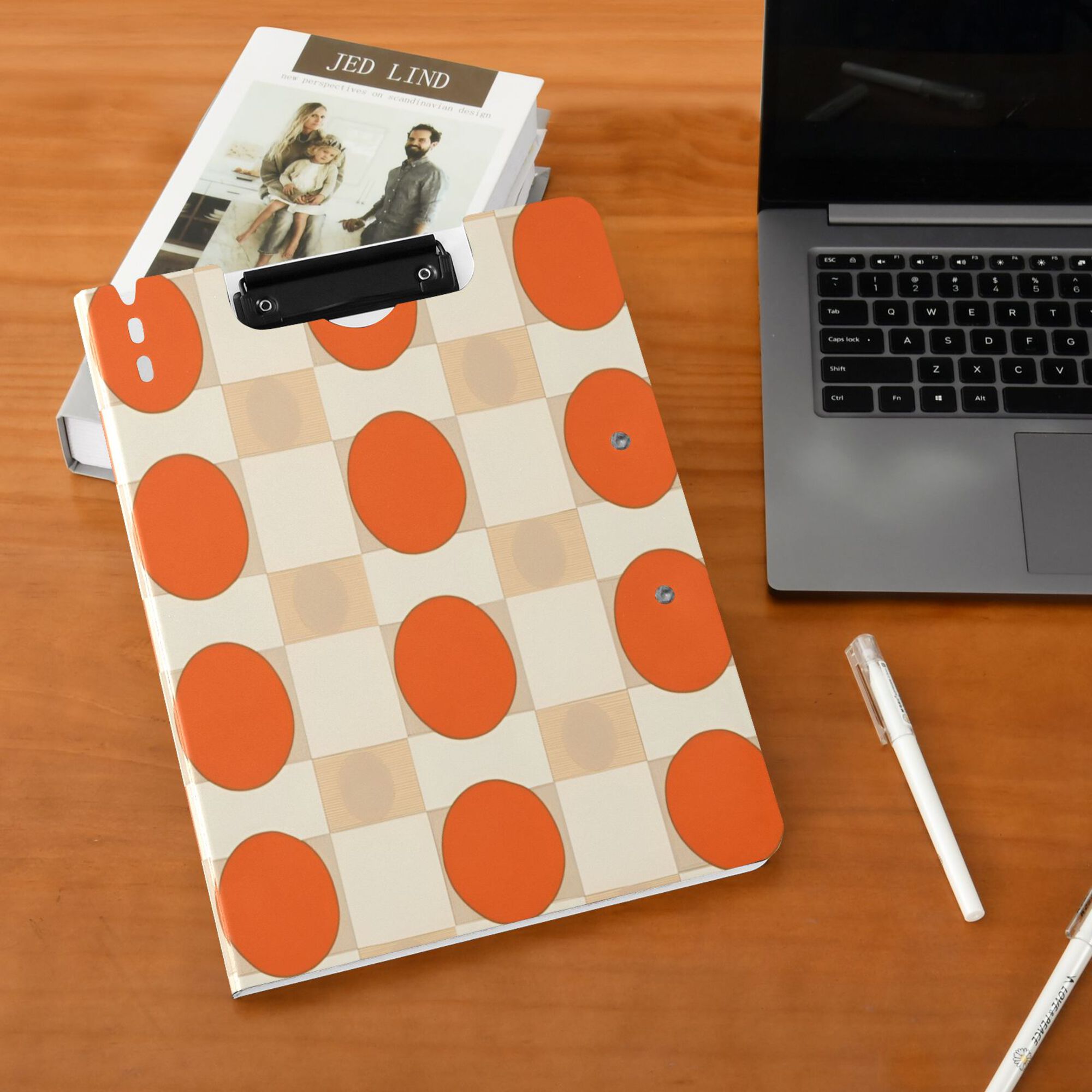 FORMRS A4 Clipboard Folder with Pen Holder Horizontal Foldable School Office Binder, Orange Geometric Circles