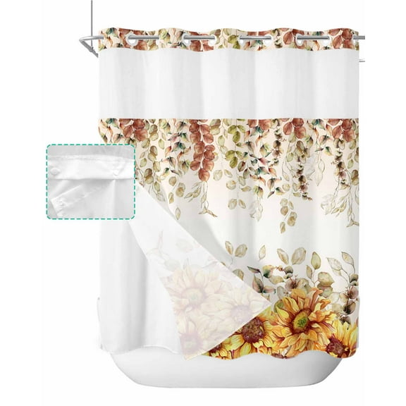 No Hook Shower Curtain with Snap in Liner, Fall Autumn Eucalyptus Leaf Sunflower Withered Plants Farmhouse Shower Curtains for Bathroom, Washable Inner Liner with Mesh Top Window, 72"x72"