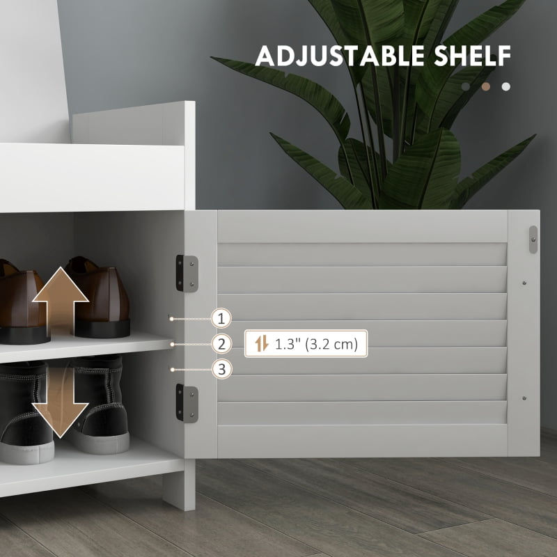 HOQBN Shoe Storage Bench, Modern Entryway Bench with Cushion, Hidden Compartments, Adjustable Shelves, and Shutter Doors, White