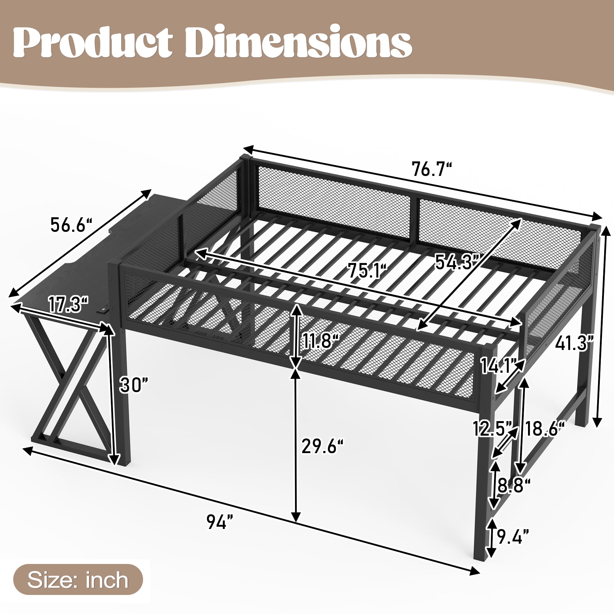Leumius Full Size Loft Bed with Gaming Desk,Metal Loft Bed Frame with Full Length Guardrail,LED Lights and USB Ports,Space-Saving,Black