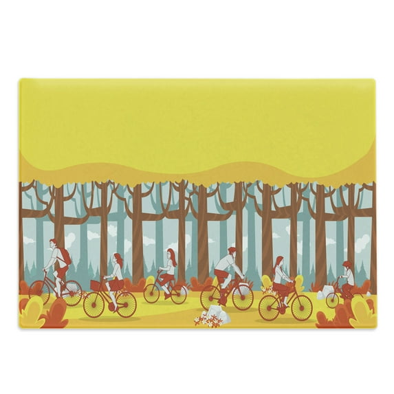 Bike Cutting Board, Cartoon Graphic of People Riding Bicycles in Abstract Woodland Illustration, Decorative Tempered Glass Cutting and Serving Board, in 3 Sizes, by Ambesonne