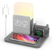 15W 3-in1 Wireless Charger Compatible iPhone 16/15/14/13/15, Apple Watch, AirPods – Fast Charging Dock w/Alarm Clock & Night Light Grey + 18W Adapter