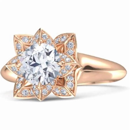 Elegant Lotus Flower Round Cut Diamond Wedding Engagement Ring For Women In 925 Sterling Silver 14K Rose Gold Plating
