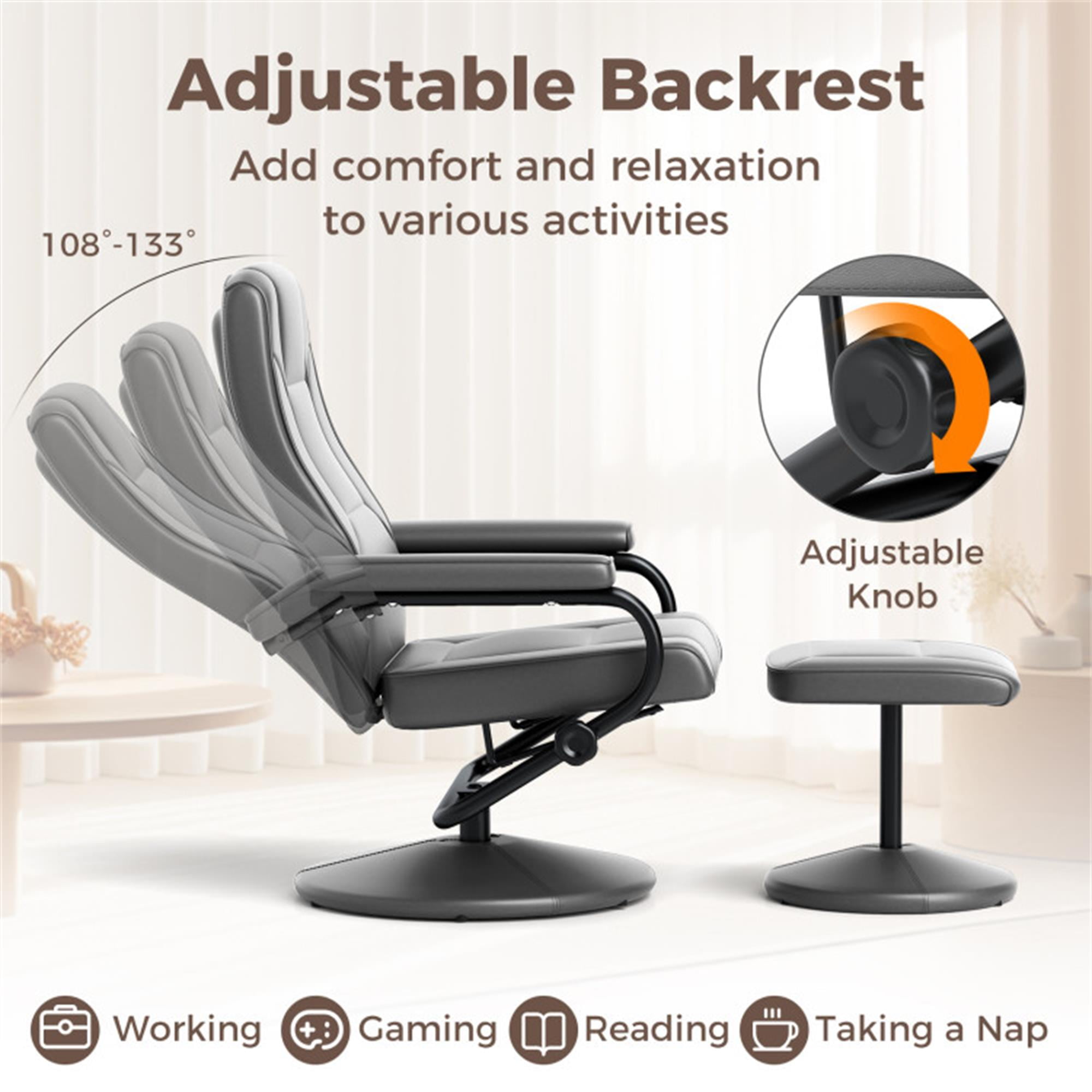 Demi Bonn Swivel Recliner Chair with Ottoman Footrest, 360° Swivel Recliner Chair with Ottoman, for Living Room, Bedroom, Gray