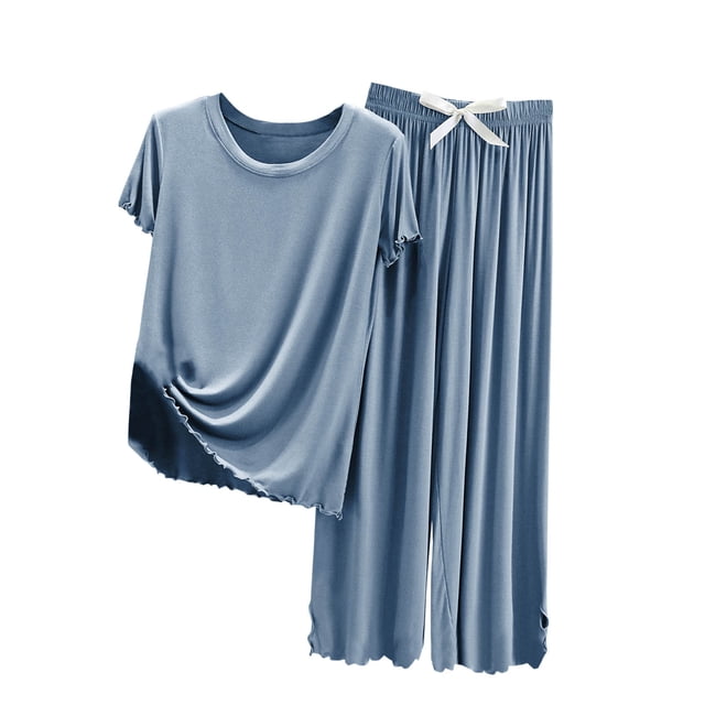 Timegard Ensembles Lounge pour Femmes Pyjamas 2 Pcs T-Shirt à Col Rond Pantalon à Nœud Papillon Tenues d'Été Vêtements d'Intérieur