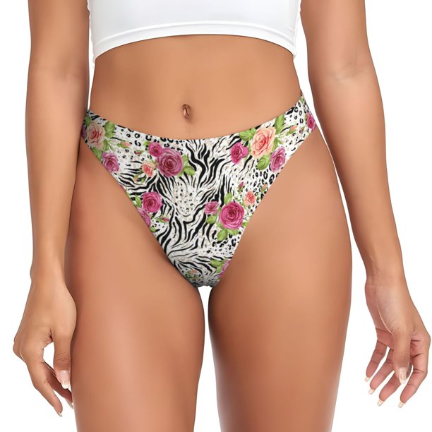 Balery Roses Mixed Zebra Tangas de Algodón para Mujer con Estampado – Ropa Interior Sexy, Transpirable, G-string-Large