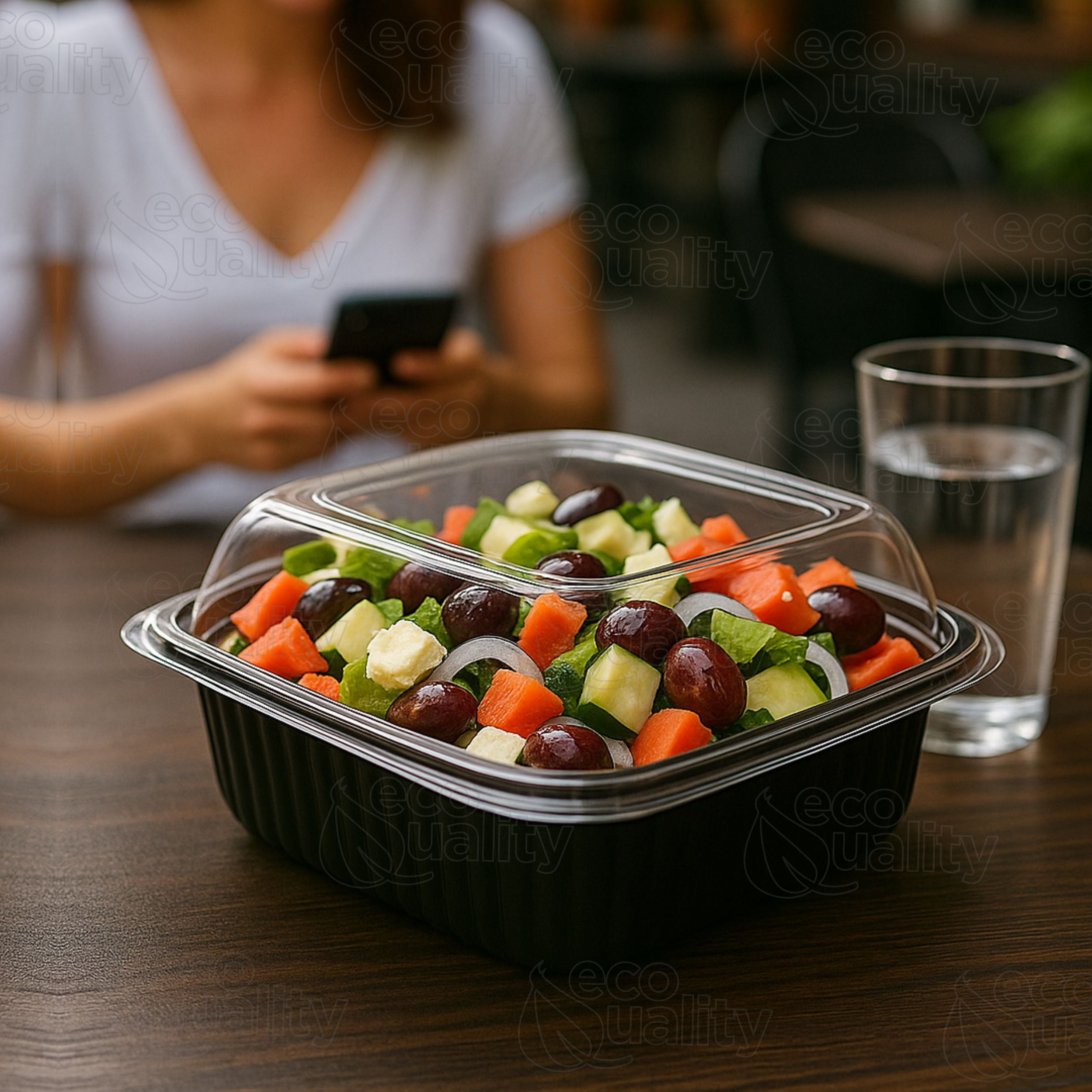 EcoQuality 36oz 8" Square Black Container with Clear Dome Lid, Reusable Bento Box, Food Storage Containers | BPA Free | Stackable | Lunch Boxes, Microwave/Dishwasher/Freezer Safe (25)