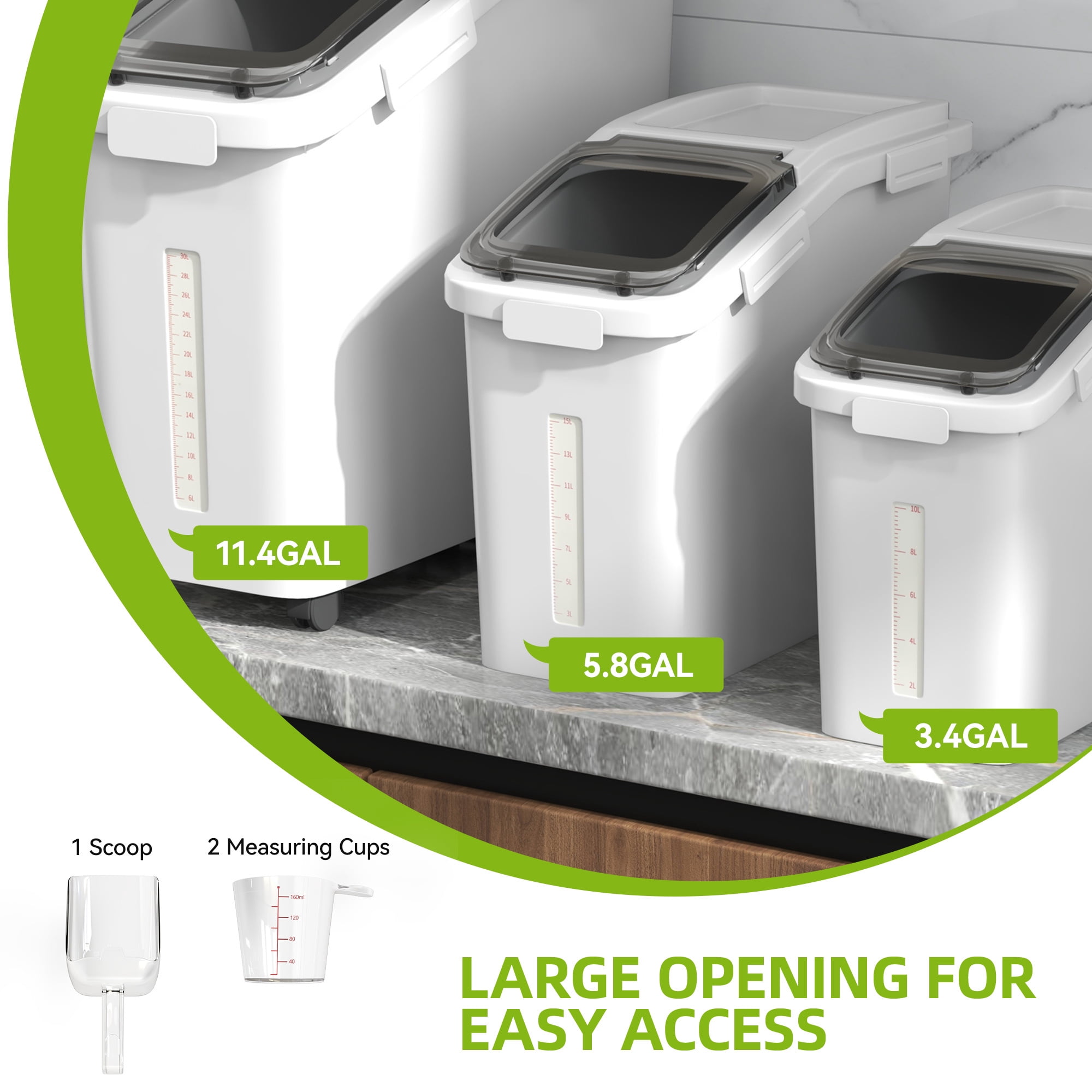 Uforic 20.6 Gal Ingredient Storage Bin(11.4+5.8+3.4 Gal), Commercial Rice Flour Storage Container, 500 Cups Capacity Storage Bins with Wheels, Lid and Scoop, Kitchen Rice Storage Bin, White