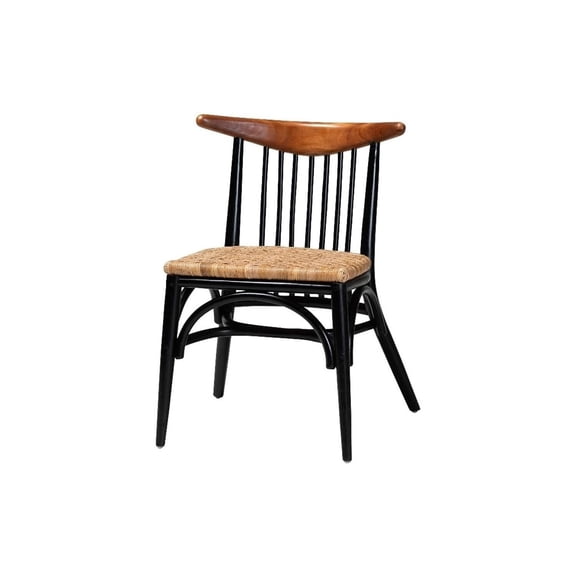 HomeStock Vintage Vogue Mid-Century Modern Two-Tone Black and Walnut Brown Finished Mahogany Wood and Natural Dining Chair