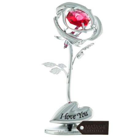 UPC: 0610370148174 | Matashi Single Chrome Plated Silver Rose Flower Tabletop Ornament w/ Red Crystals | Metal I Love You Floral Arrangement | Decorative Home Decor  Elegant Petals