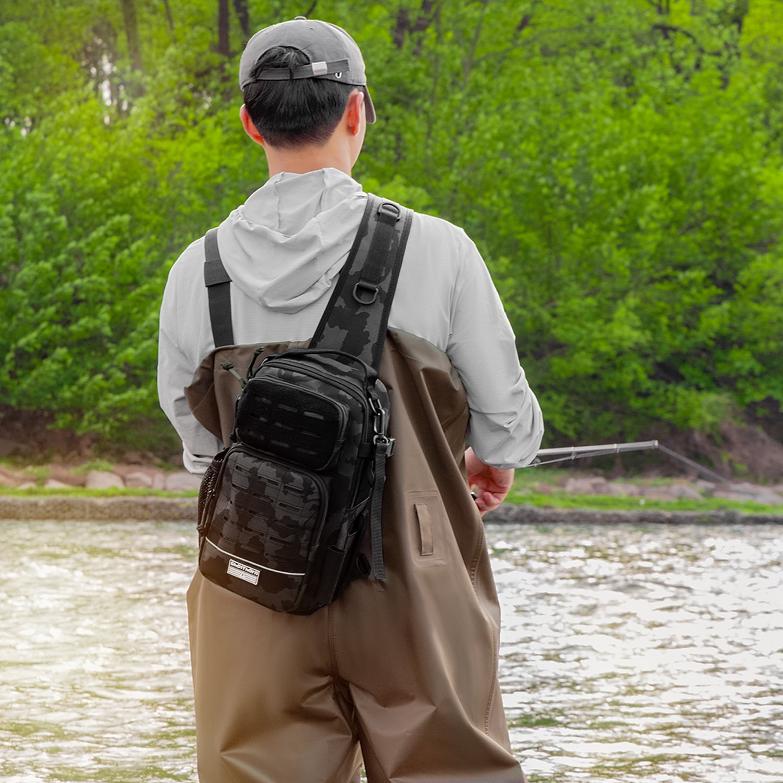 Ghosthorn Fishing Backpack Tackle Sling Bag - Lightweight Sling Tackle Storage Bag with Bait Box - Fishing Backpack with Rod Holder