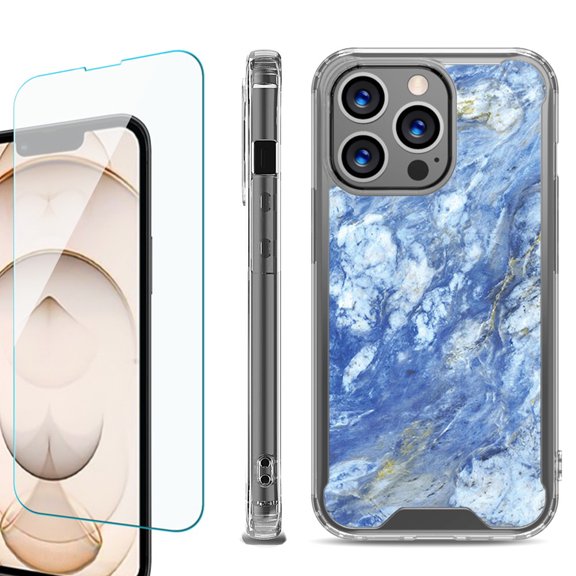 Shockproof Bumper Phone Case for iPhone 13 Pro Max, with Tempered Glass Screen Protector, by OneToughShield ® - Marble / Gem Blue