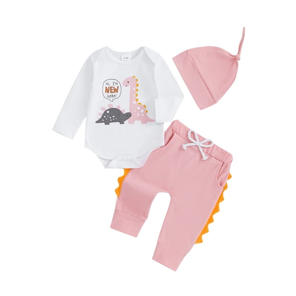 Baby Toddler Girl Dinosaur Outfit, 0 3 6 Months Letter Print Long Sleeve Romper Elastic Waist Pants Hat 3 Piece Clothing Set for Fall