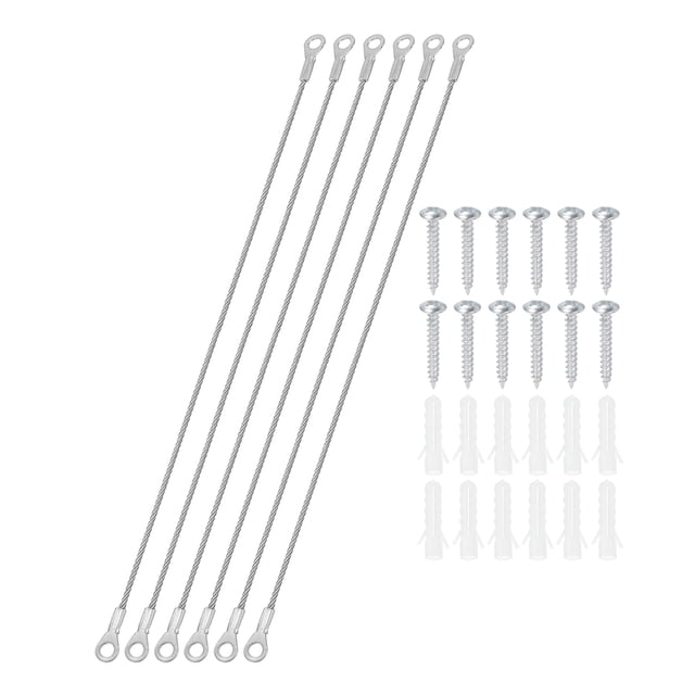 Stainless Steel Lanyard Cable with Eyelets 0.08" x 12" 2mm x 30cm Lock Security Wire Rope with Mounting Screws, 6 Pack