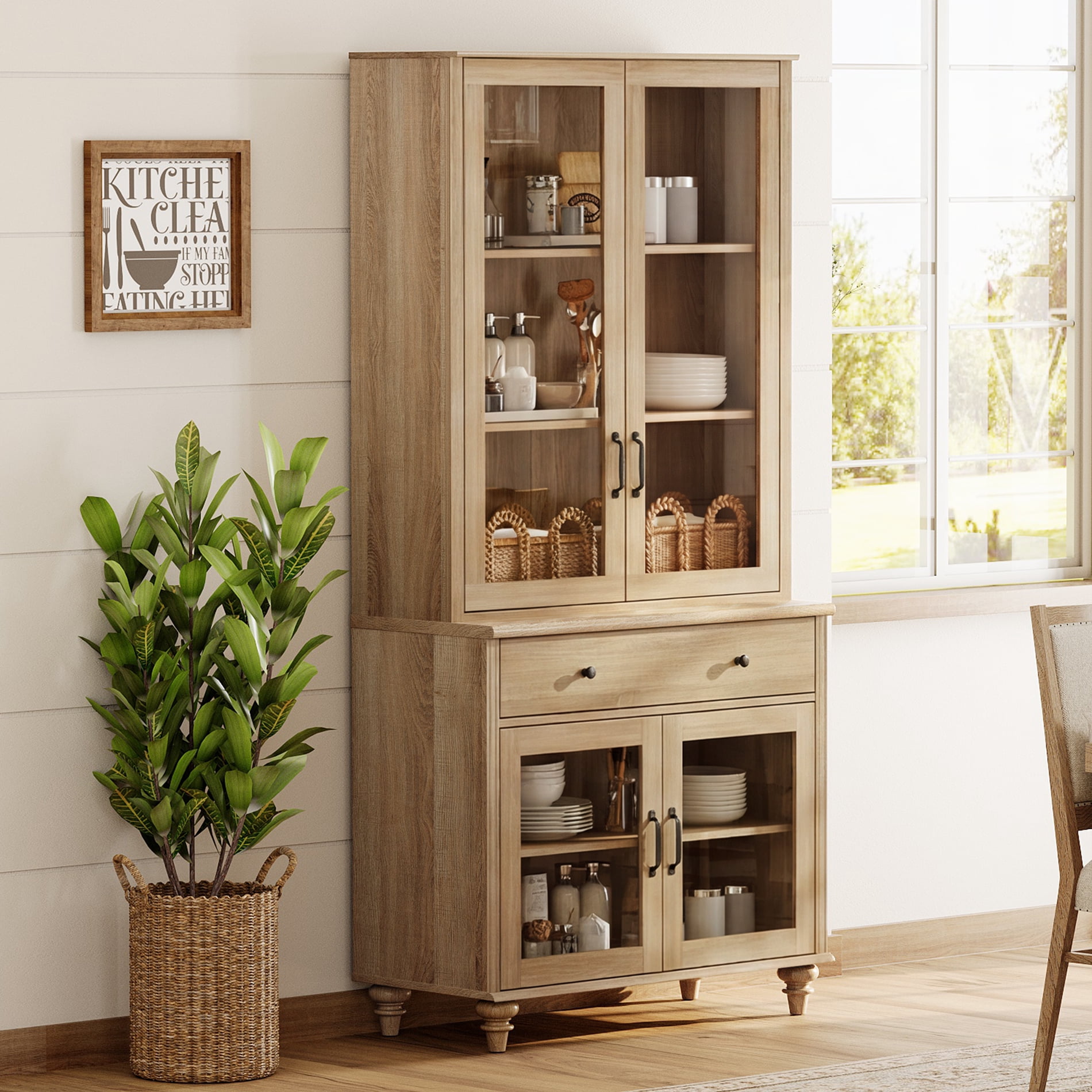 72.1"H × 33.9"W Farmhouse Wooden Bookcase with Glass Doors and Drawer, Large Storage Bookshelf for Living Room, Bedroom, Home Office & Kitchen, Oak