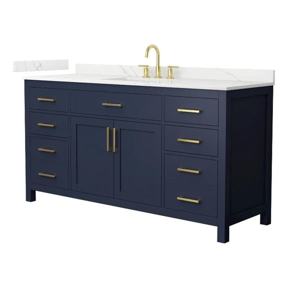 Beckett 66" Dark Blue Single Vanity & Giotto Quartz Top (3-Hole) & Gold Trim