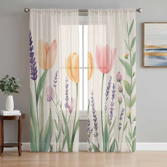 Spring Floral Sheer Curtains 84 Inch Length 2 Panels Set, Pink Yellow Tulip Botanical Summer Voile Window Treatment Rod Pocket Curtains Sheers Drapes for Bedroom/Living Room/Kitchen 52"x84"x2