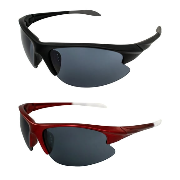AlterImage Scout Wraparound Sports & Motorcycle Retro Sunglasses for Men or Women 2 Pair Semi-Rimless Black & Red Frames w/Rubber Tips & Nose Pads Smoke Lenses