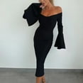 thumbnail image 5 of Uaswgudfs ​Women's Off-Shoulder Long Sleeve Satin Flowy Dress​ - Flared Cuff Midi Dress for Summer Formal Occasions, Casual with Smooth Fit & Adjustable Waist Black S, 5 of 8