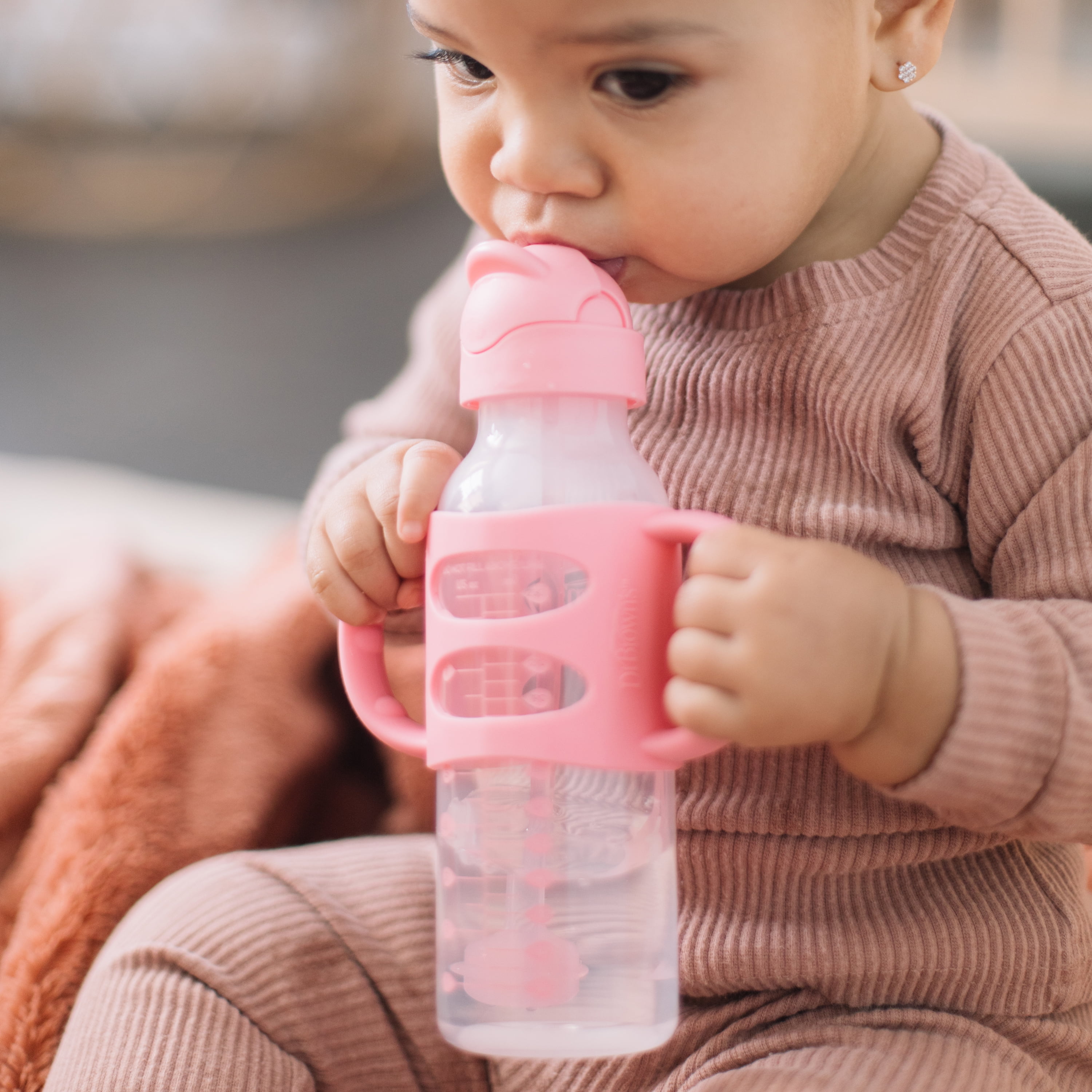 Dr. Brown's Milestones Narrow Sippy Straw Bottle with 100% Silicone Handles, 8oz/250mL, Pink, 1 Pack, 6m+