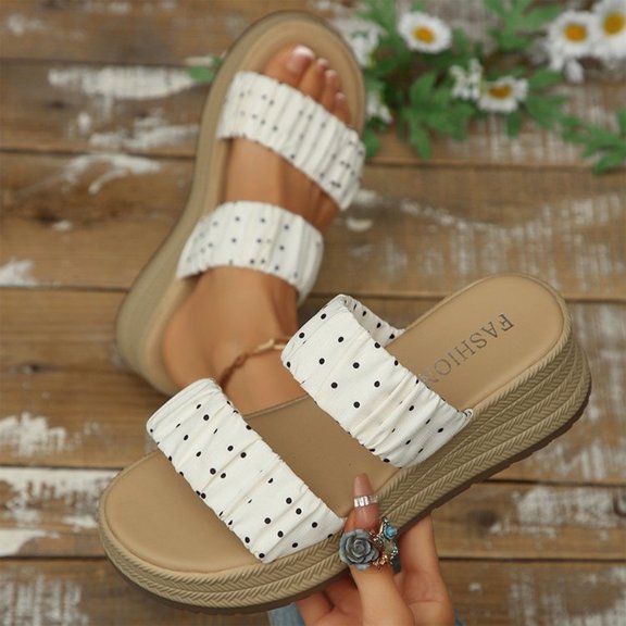 KEVCHE Womens Polka Dot Wedge Platform Sandals, Cute Dot Print Summer Beach Shoes, Non-Slip Lightweight Espadrille Style Sandals for Vacation