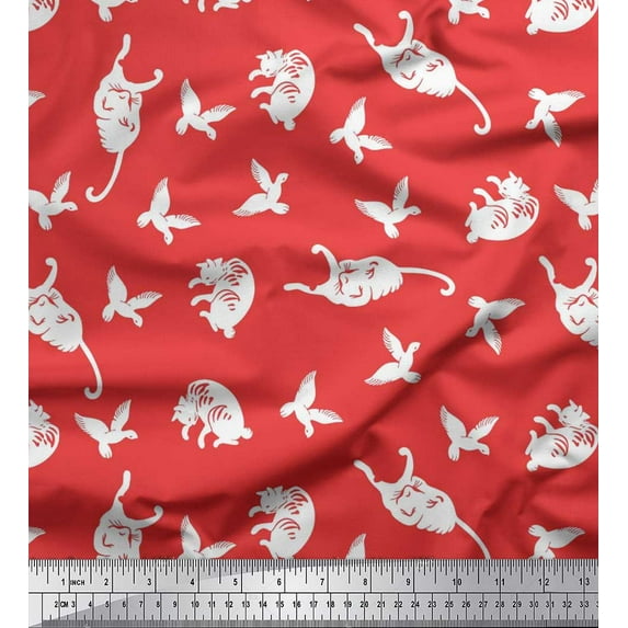 Soimoi Cotton Cambric Fabric Bird & Cat Animal Decor Fabric Printed Yard 56 Inch Wide