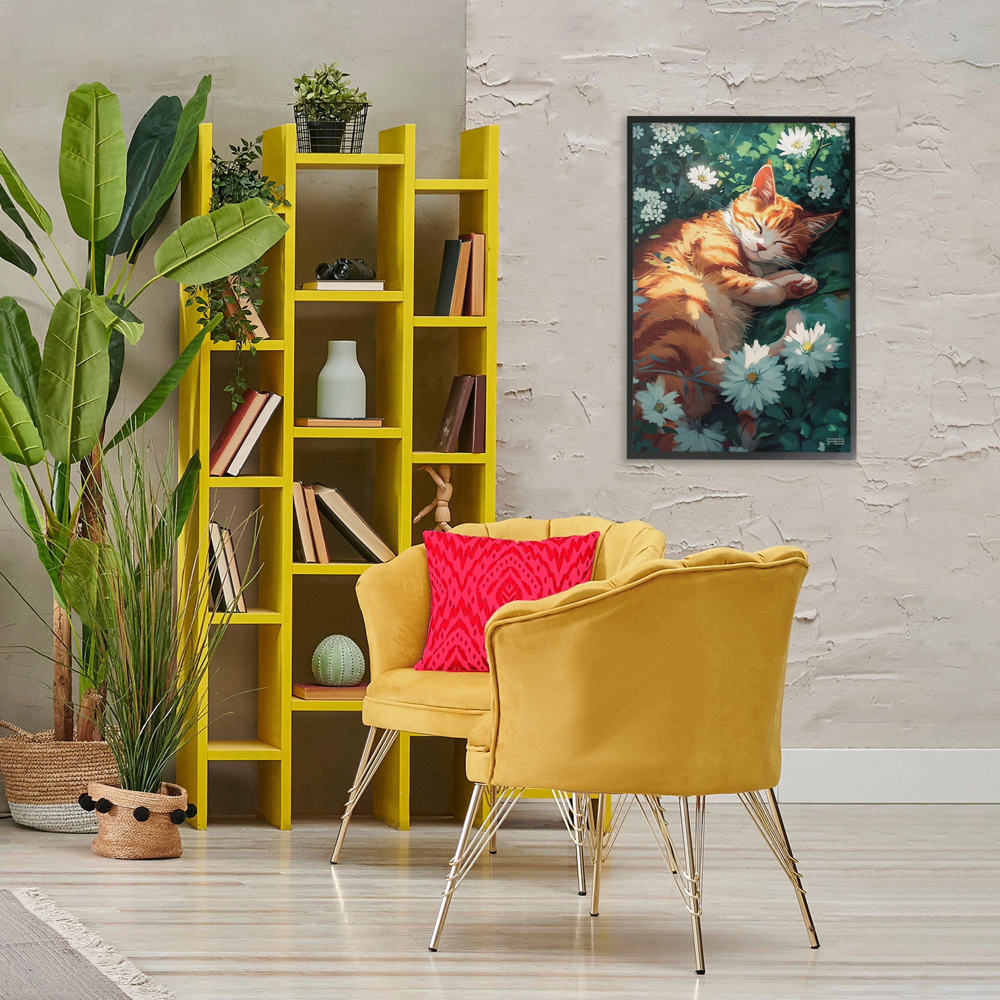 Stupell Industries Cat Sleeping in Meadow Animals & Insects Painting Black Framed Art Print Wall Art, 20 x 30