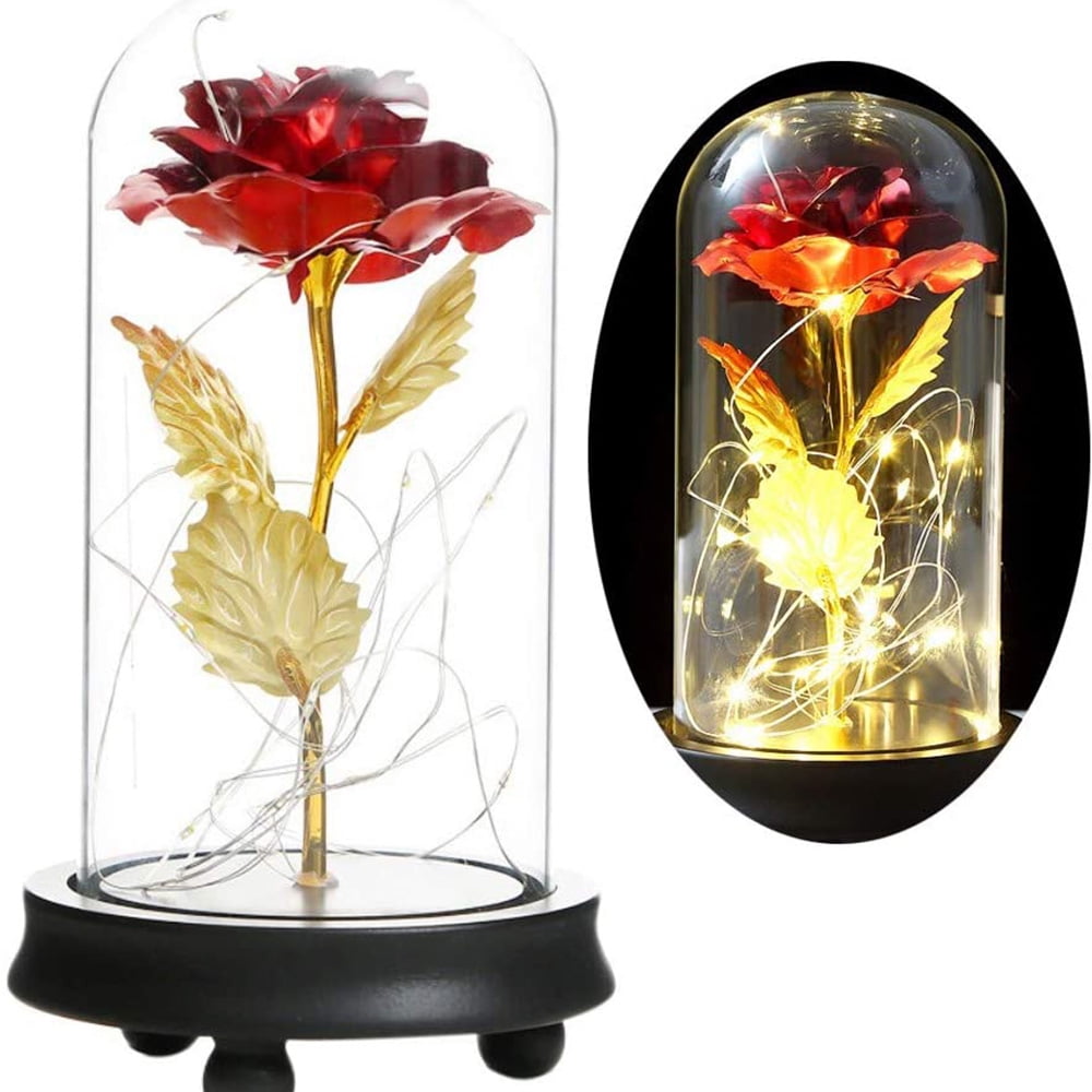 Meidong Beauty and The Beast Rose in Glass Dome, 24K Gold