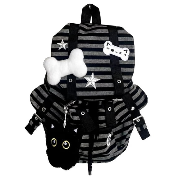 Moontgen Vintage Striped Backpack Large Capacity Y2k Drawstring Bags Multi-pocket Casual Stripe Bookbags Outdoor Travel Commute Backpacks (Black)