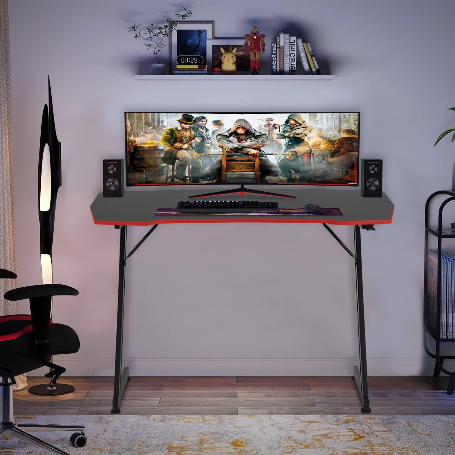 47 Inch Gaming Desk Z-Shaped Table with Headphone Hook & Carbon Fiber Surface - Ergonomic Computer Desk for Home Gaming, Office Work, Study，Black & Red