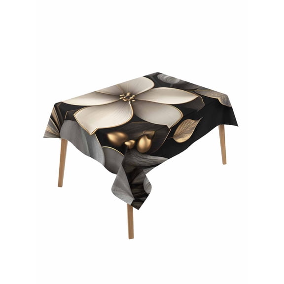 Gold Black Flower Table Cloth, Blossoming Botanical Prints Leaf Waterproof Tablecloth for Rectangle Tables, Reusable Washable Fabric Table Cover for Restaurant Kitchen Dining Tables 60"x84"