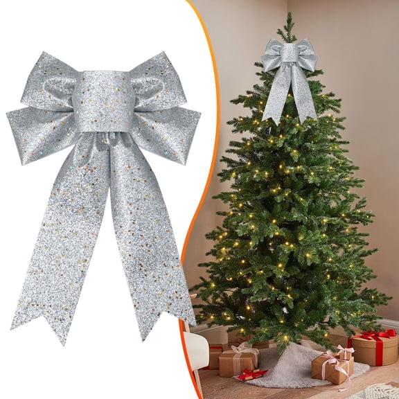 Christmas Tree Topper Bow Silver Glitter Christmas Bows Sparkly Stars Wreath Bow 13’’x9’’ Ribbon Bow for Wreaths Home Front Door Outdoor Xmas New Years Party