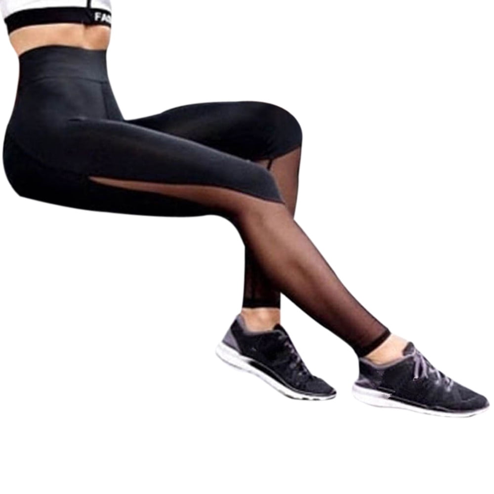 Women Mesh Patchwork Printed Leggings Push Up Yoga Sport Workout Trousers Pants 