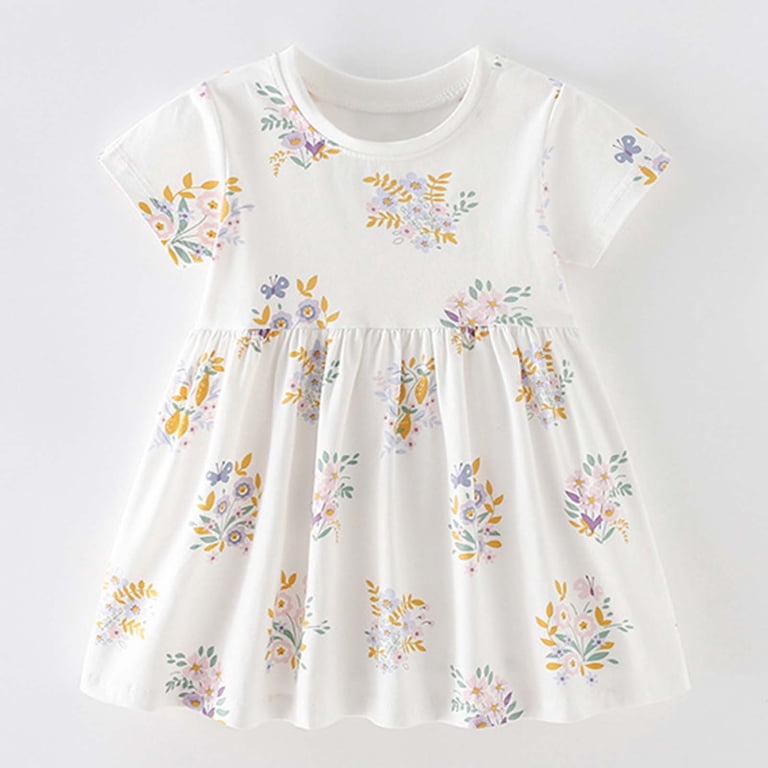 Boho Dresses for Girl Floral Printed Crew Neck Short Sleeve Plus Size Dresses,White,Size 18-24 Months