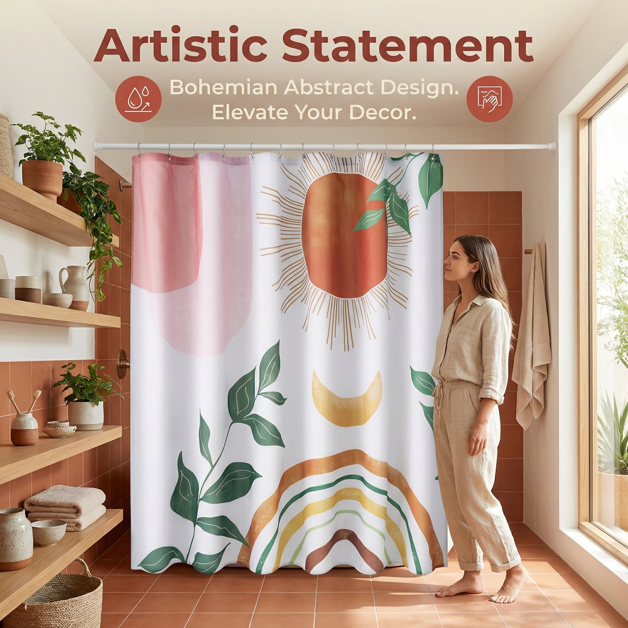 Unique Bargains Leaf Print Shower Curtain Bohemian Waterproof Set Pink Orange 71"W x 71"L