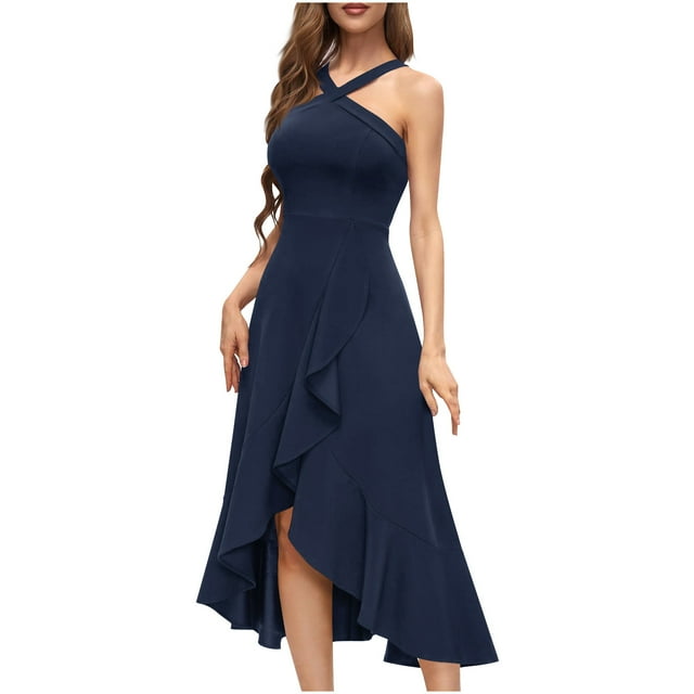 Robes de Cocktail Formelles pour Femmes Été Ourlet à Volants Invitée de Mariage Robes de Soirée Col Croisé Licou Asymétrique Robe de Fête Bleu Marine, G