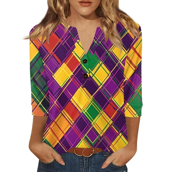 Dresfit Mardi Gras Shirts for Woman 3/4 Sleeve Graphic Parade T-Shirt 2026 Sequin Glitter V Neck Holiday Tunic Top Slim Fit Party Blouse Green XL
