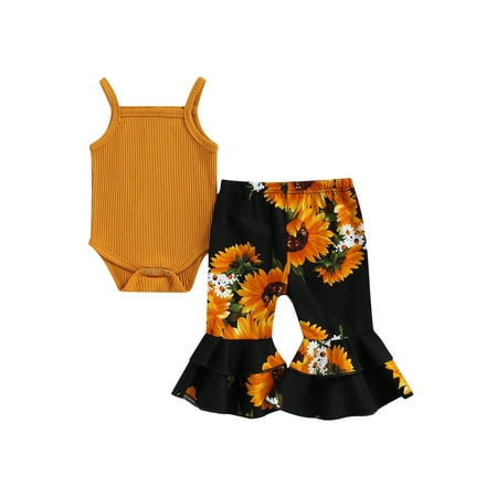 

Binpure Solid Color Boat Neck Spaghetti Strap Bodysuit + Sunflower Print Flared Pants