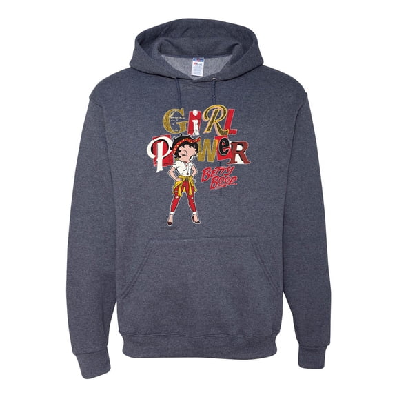 Wild Bobby, Betty Boop Winking Girl Power Femenist Betty Boop Unisex Hoodie Sweatshirt, Vintage Heather Navy, X-Large