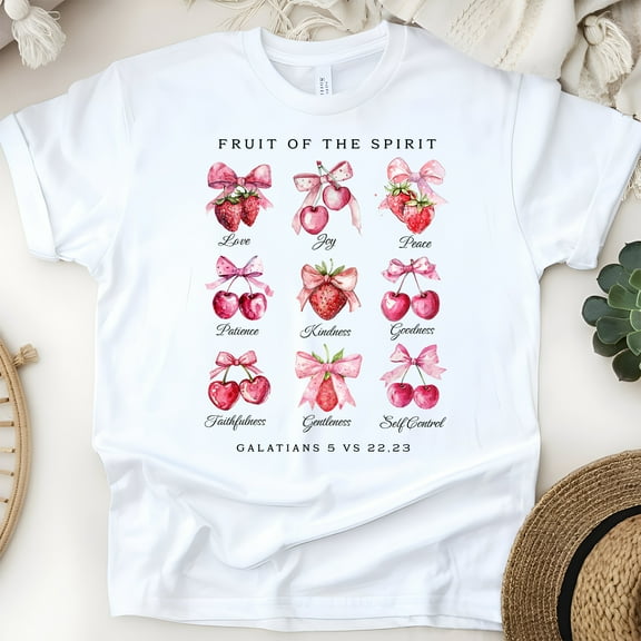 Christian Fruit of the Spirit T-Shirt with Galatians 5:22-23, White, Size S