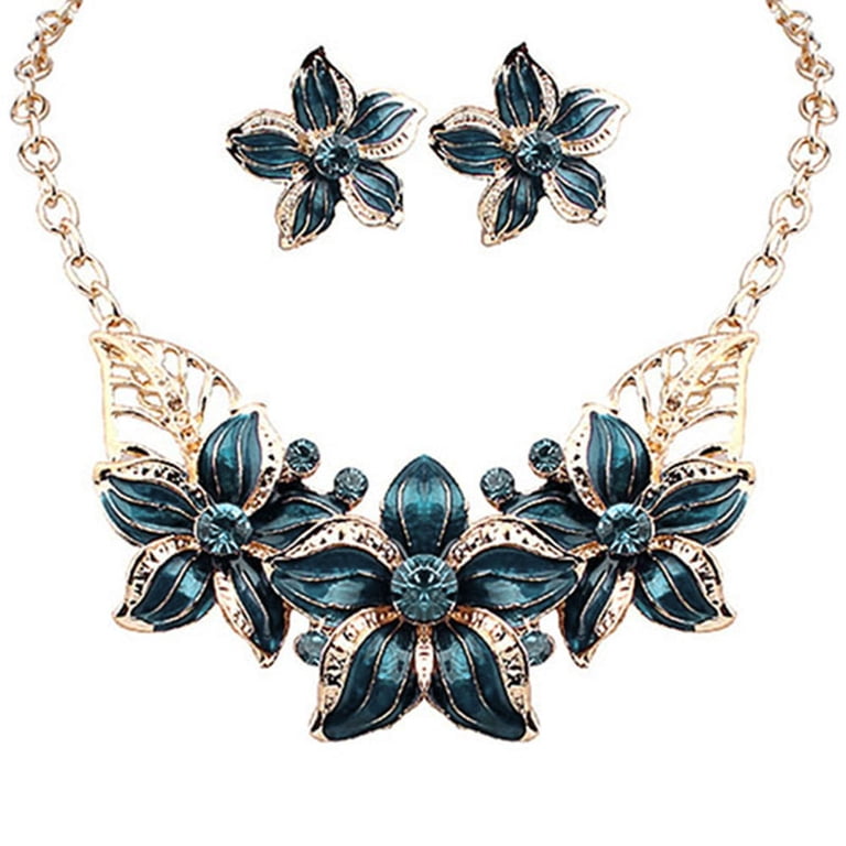 PULABO Gold Plated Crystal Flower Jewelry Set - Statement Necklace & Earrings For Women, Party Wedding Gift