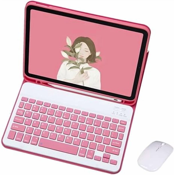 Funda Protectora de Teclado Rojo Rosa con Teclado y Mouse Inalámbricos para iPad Air de 11 Pulgadas 2024