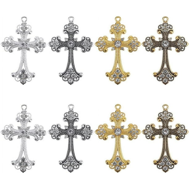 1 caja de 8 dijes de diamantes de imitación de 4 colores, cruces a granel, dijes de rosario dorado, crucifijo de aleación de plata, dije gótico grande
