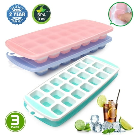 Ice Cube Trays, Ice Tray Food Grade Flexible Silicone Ice Cube Tray Molds with Lids, Easy Release Ice Trays Make 63-Ice Cube, Stackable Dishwasher Safe, Non-toxic, BPA Free (2019 Newest/3 Packs)